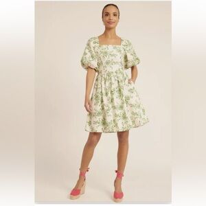 Sage Toile Puff Sleeve Cotton Poplin Dress - Rachel Parcell, size 14